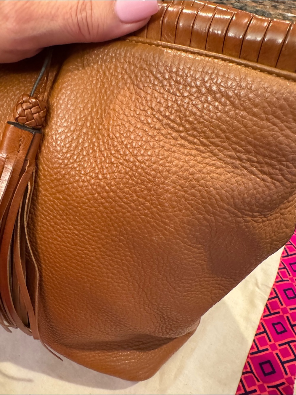 Tory Burch Taylor Leather Tote with Tassel, Cognac - Picture 3 of 13